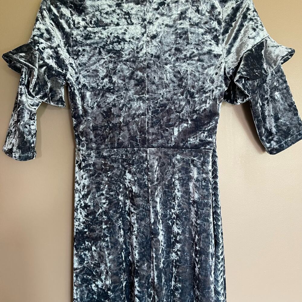 Misa Symone Wrap Dress Velvet Maxi Size XS Ruffle Sleeves Braided Sash Belt Teal - Picture 13 of 16